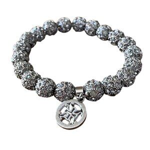 Rustic Cuff Stretch Metal Shambala Silver Logo Gray Pave Rhinestone Bracelet